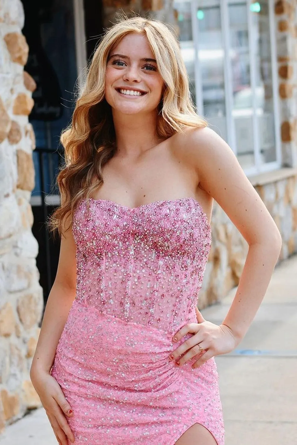 Aeliana | Pink Strapless Sequins Mermaid Long Prom Dress With Split