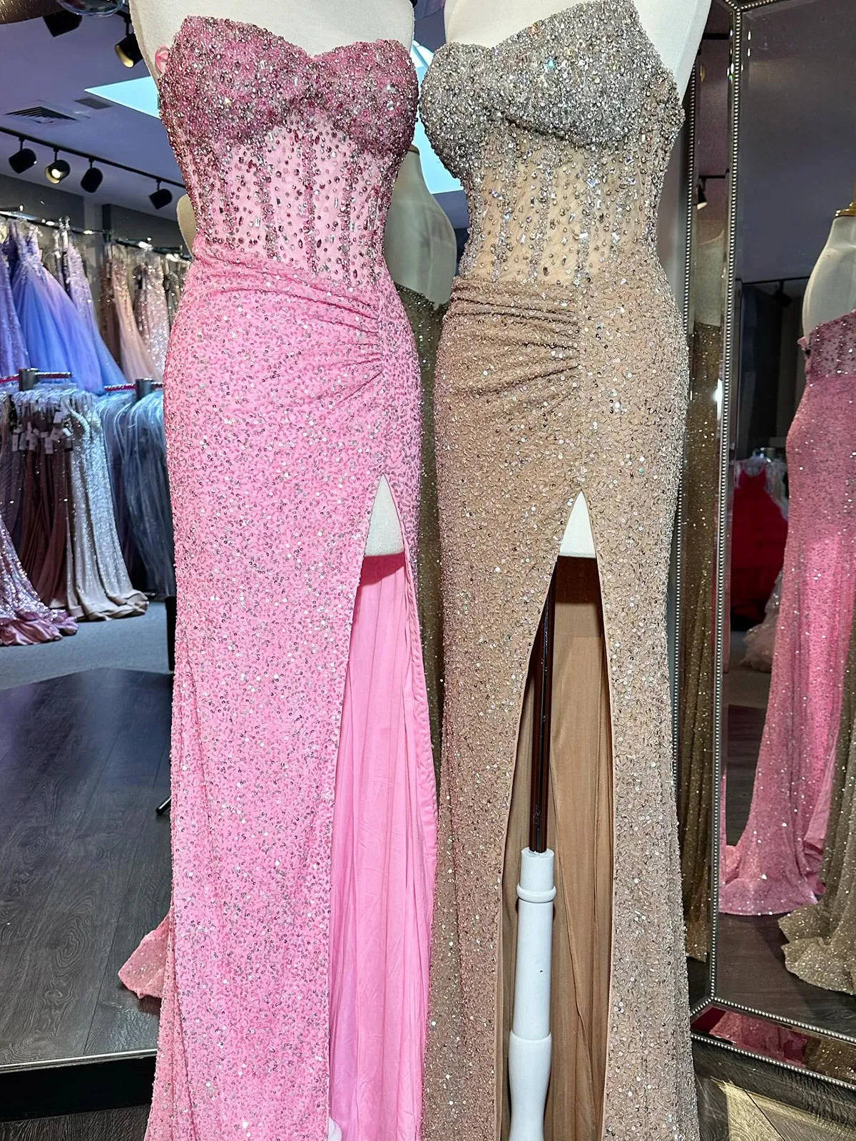 Aeliana | Pink Strapless Sequins Mermaid Long Prom Dress With Split