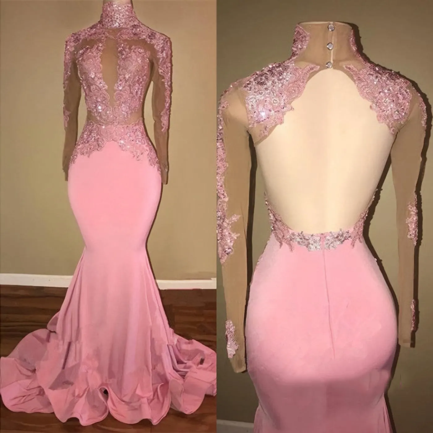 Alluring Pink Mermaid Long Sleeves Backless Elastic Satin Open Front High Neck Prom Dresses 2024