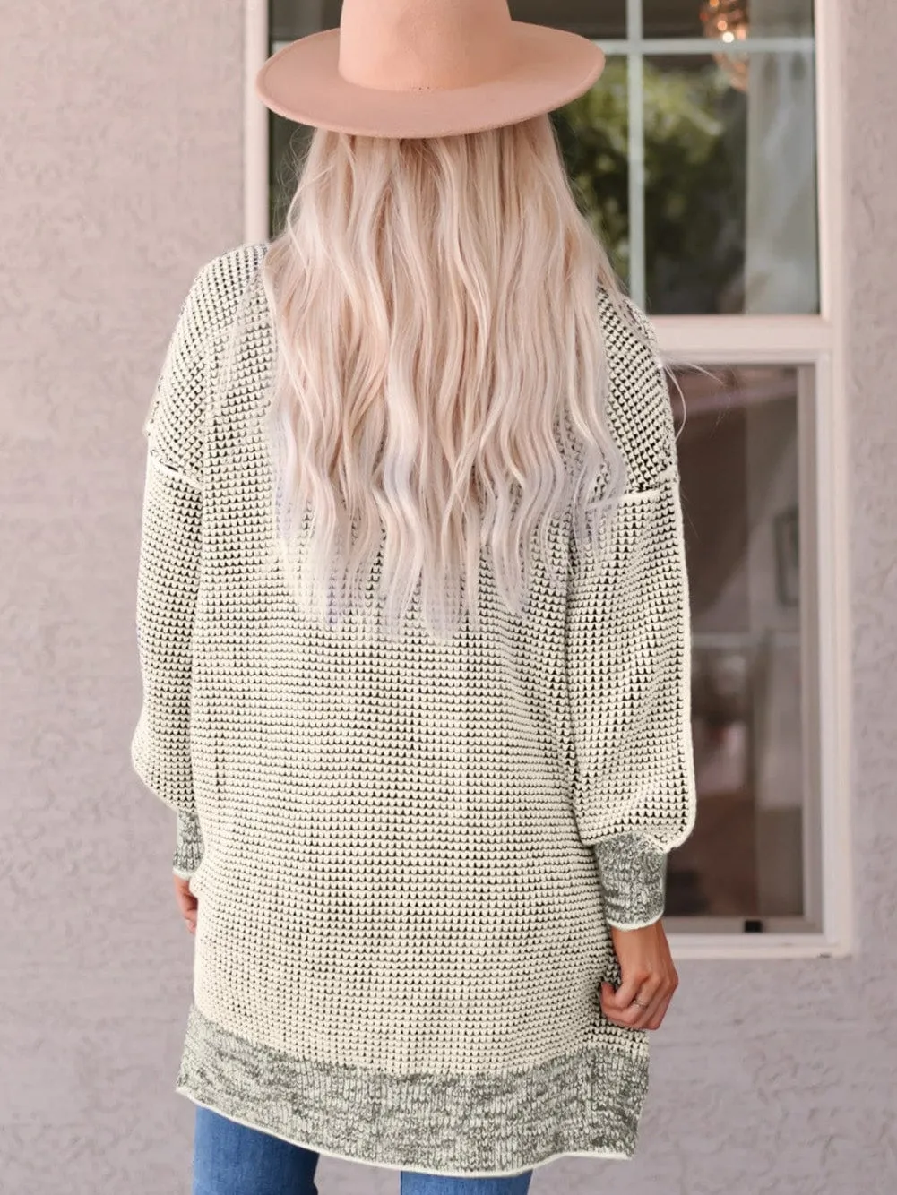 Apricot Checkered Knit Longline Open Front Cardigan