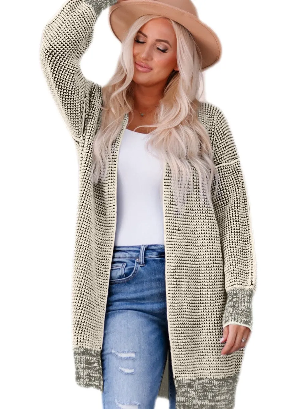 Apricot Checkered Knit Longline Open Front Cardigan