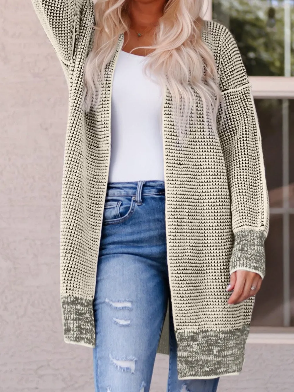 Apricot Checkered Knit Longline Open Front Cardigan