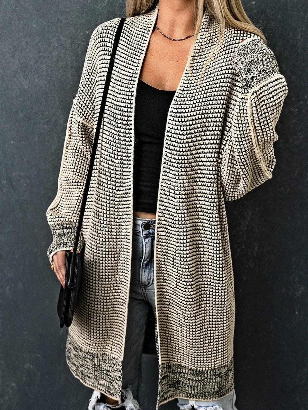 Apricot Checkered Knit Longline Open Front Cardigan