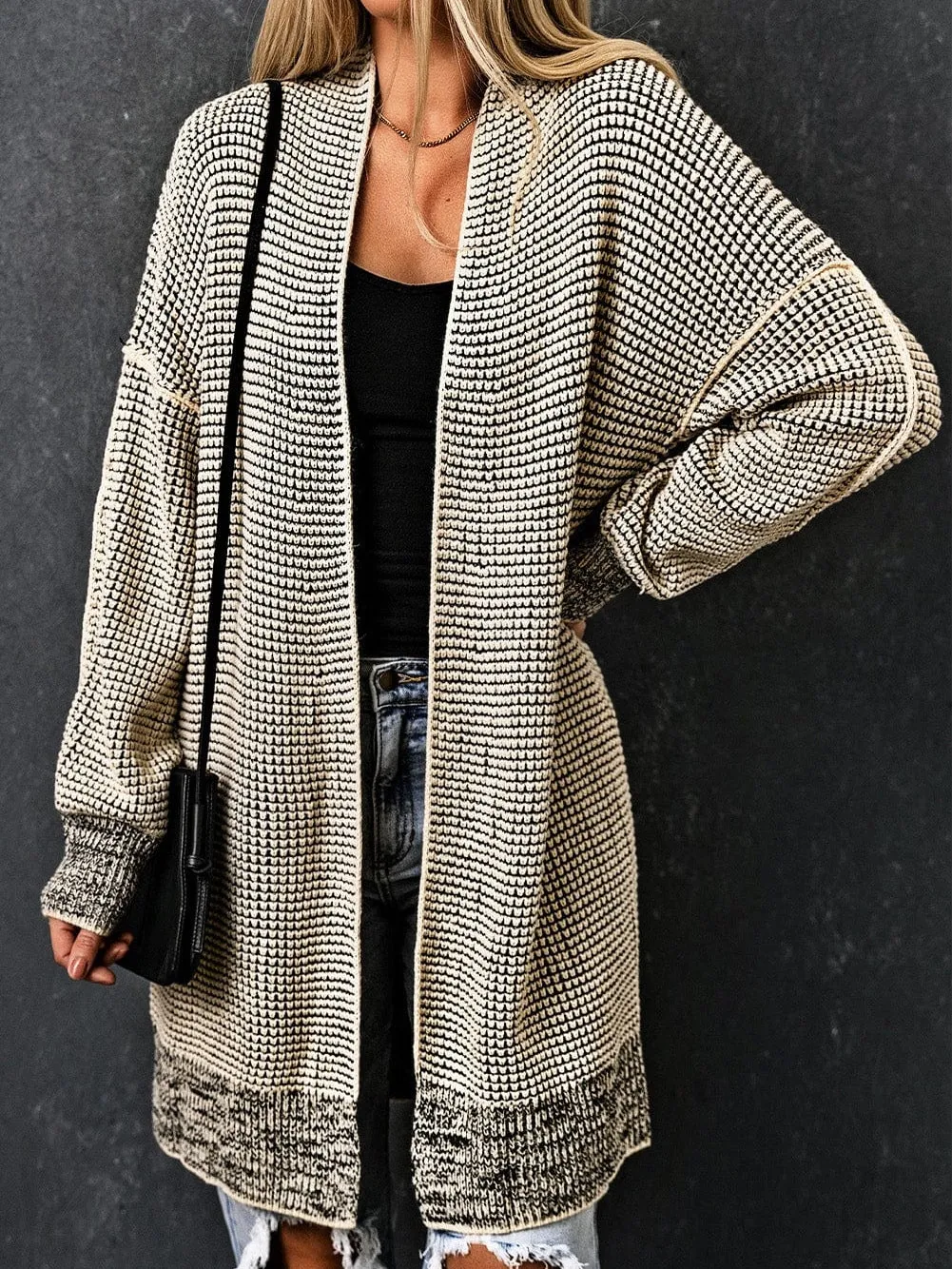 Apricot Checkered Knit Longline Open Front Cardigan