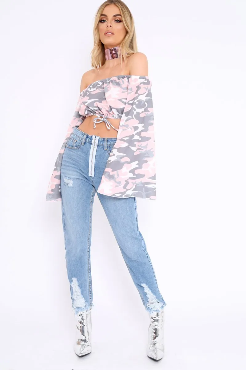 Baby Pink Camo Extreme Flared Sleeved Crop Top - Dalis