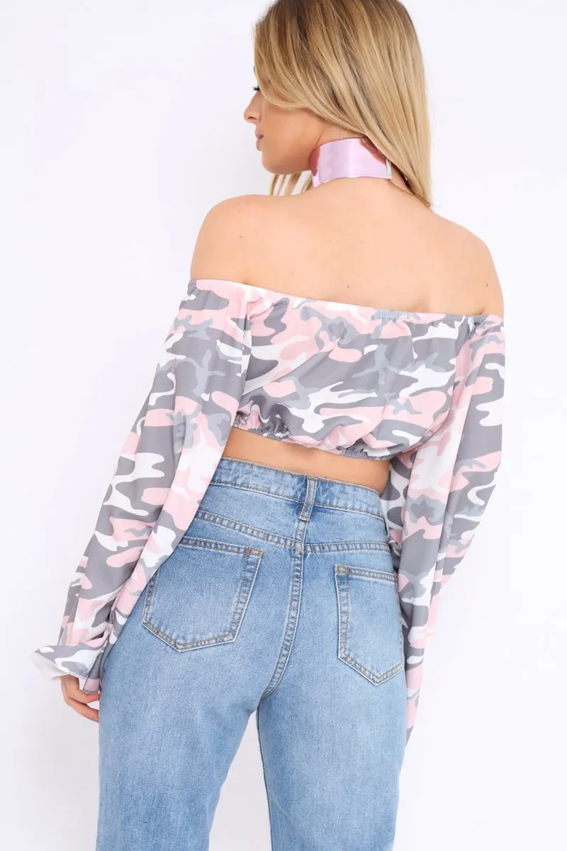 Baby Pink Camo Extreme Flared Sleeved Crop Top - Dalis