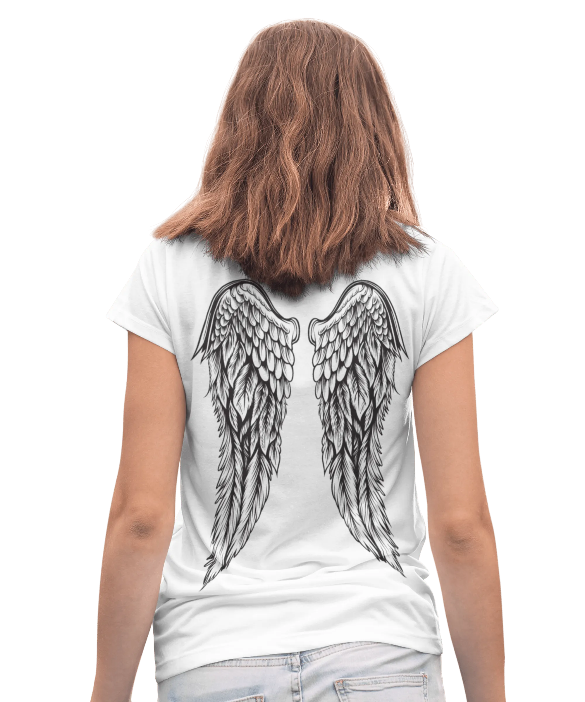 Back Printed Tattoo Style Angel Wings T-Shirt for Women