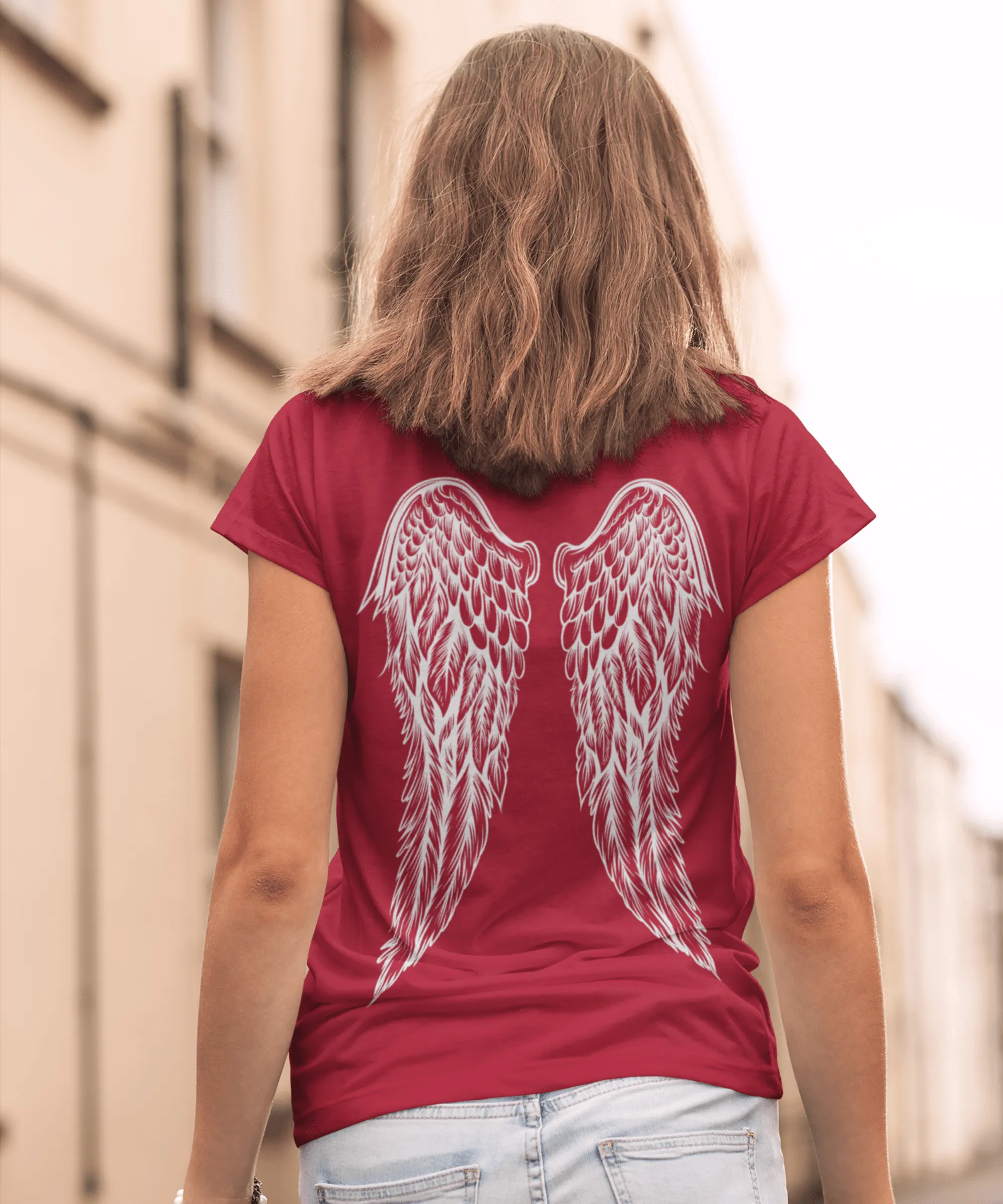 Back Printed Tattoo Style Angel Wings T-Shirt for Women