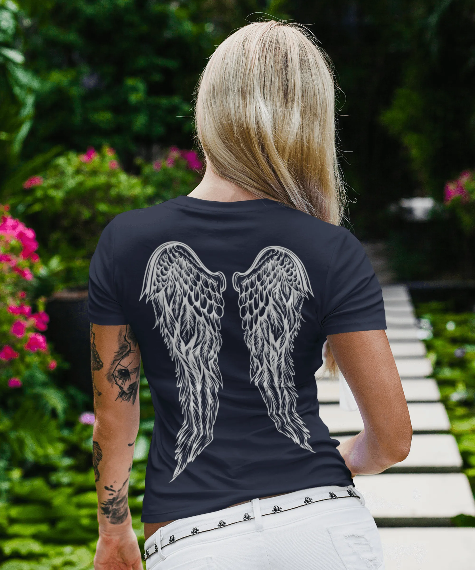 Back Printed Tattoo Style Angel Wings T-Shirt for Women