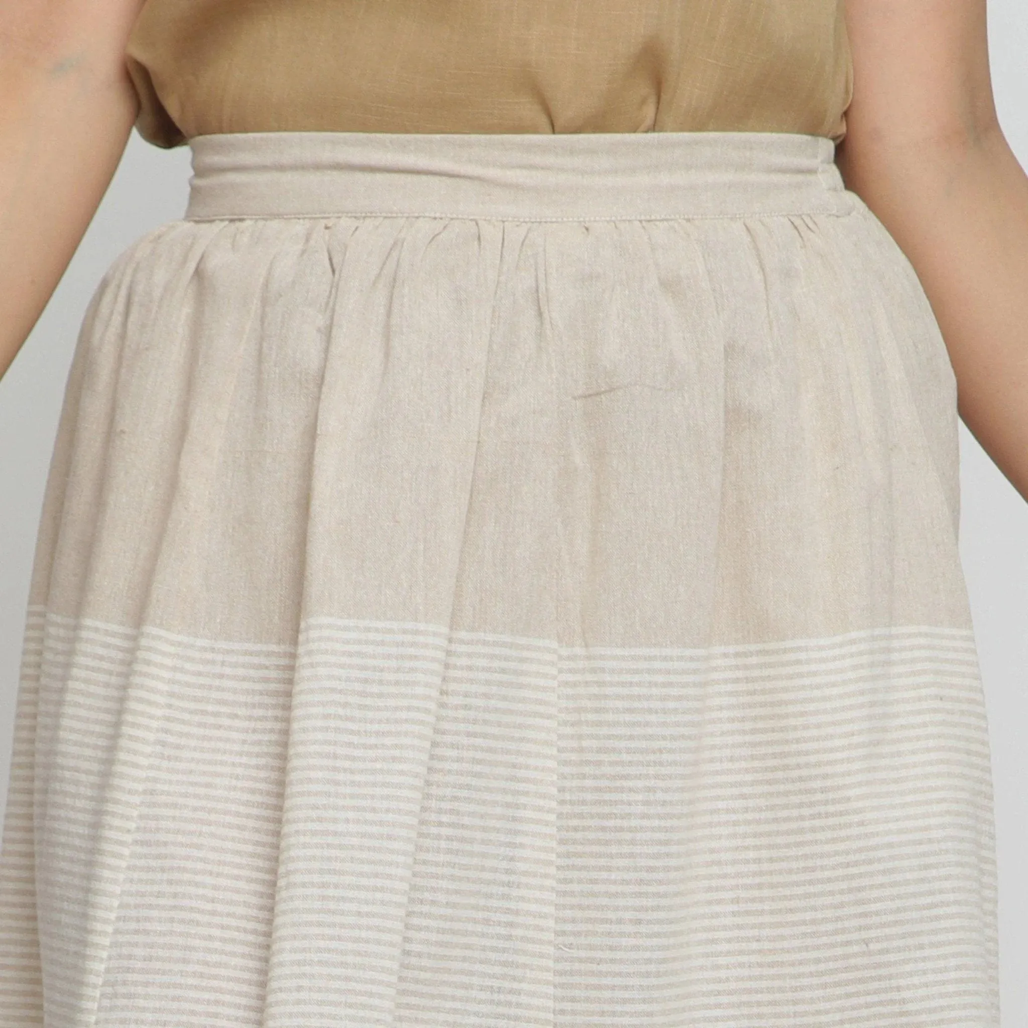 Beige Striped Cotton Elasticated Midi Paneled Skirt