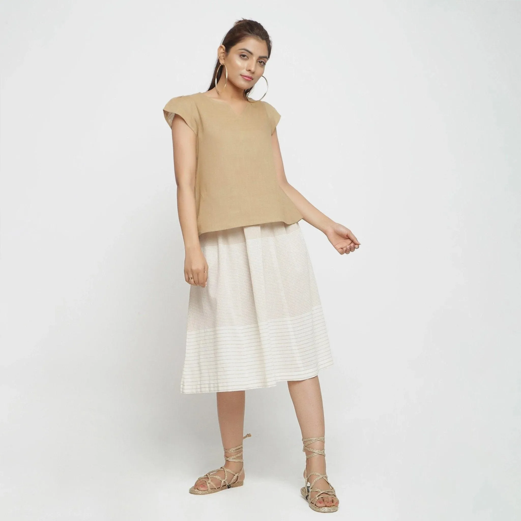 Beige Striped Cotton Elasticated Midi Paneled Skirt