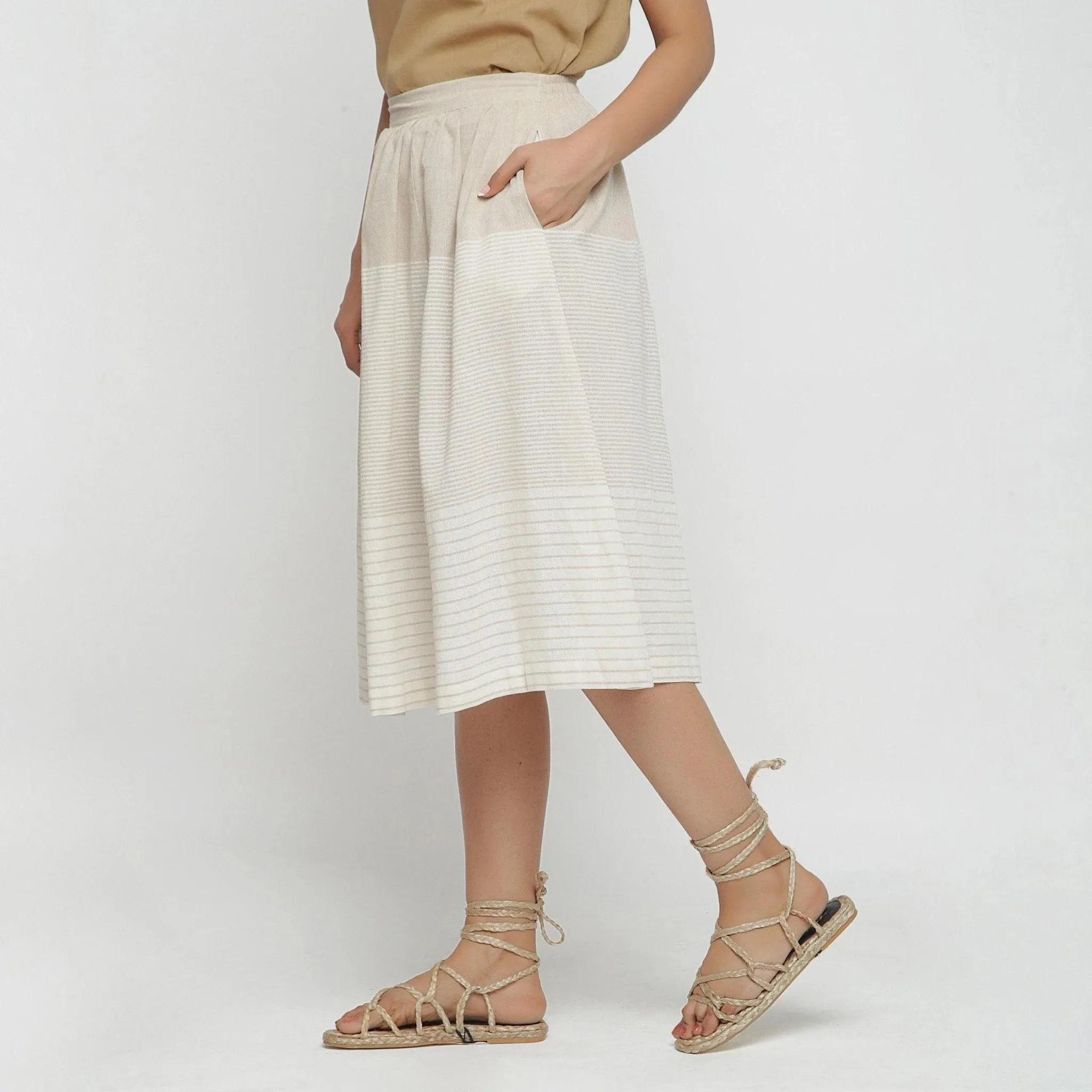 Beige Striped Cotton Elasticated Midi Paneled Skirt