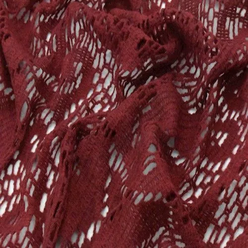 Berry Red Wool Blend Crochet Floral Sweater Knit Fabric