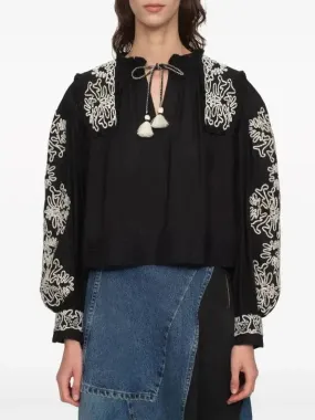 Black and White Floral-Embroidered Cotton Blouse