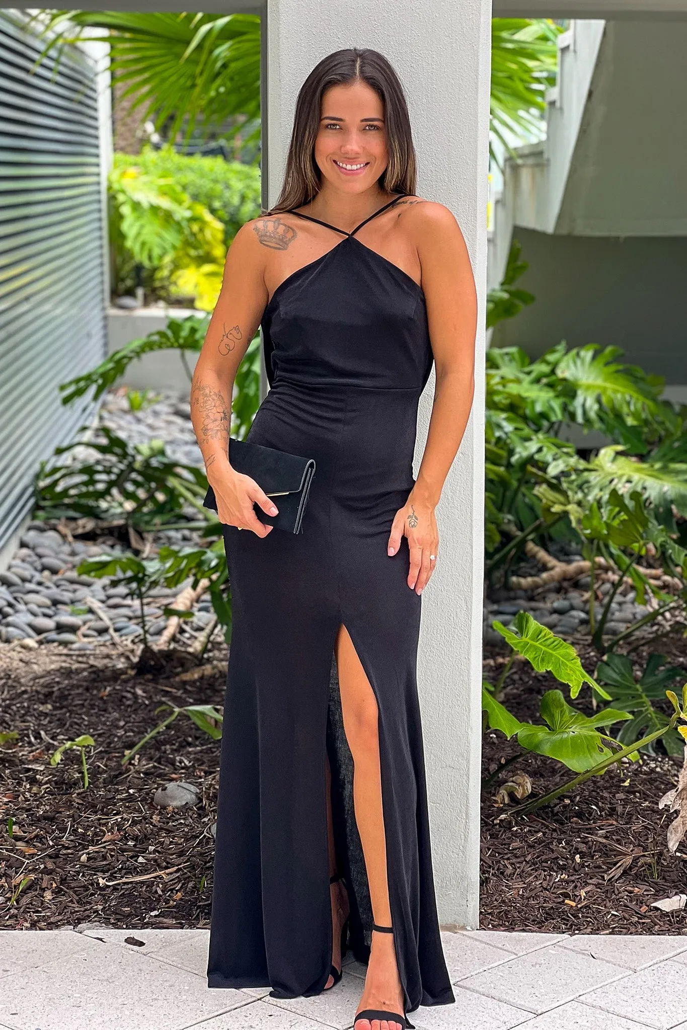 Black Maxi Dress With Slit And Draped Back