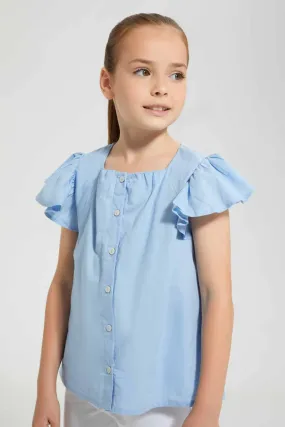 Blue Frilled Front Button Blouse