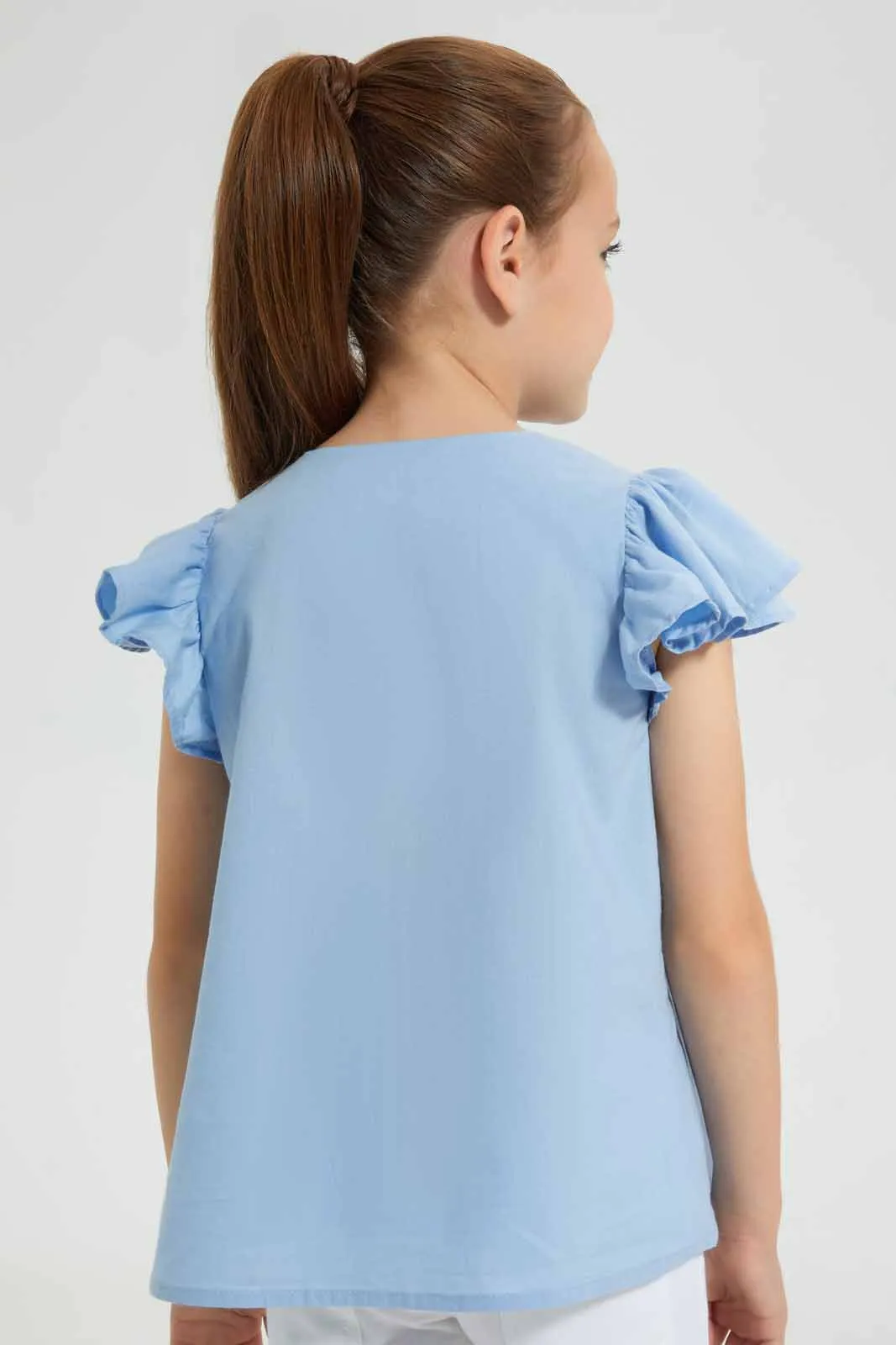 Blue Frilled Front Button Blouse