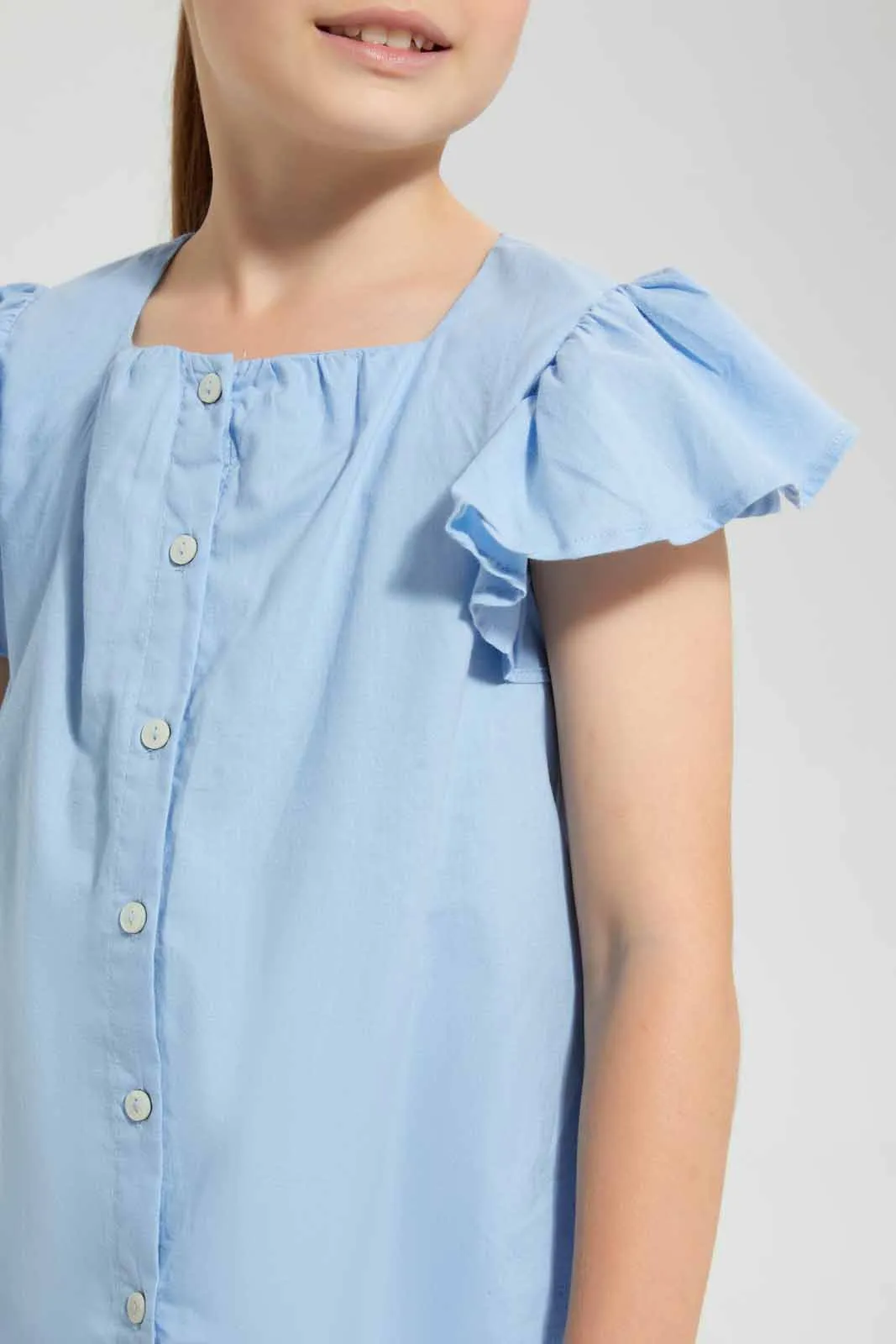 Blue Frilled Front Button Blouse