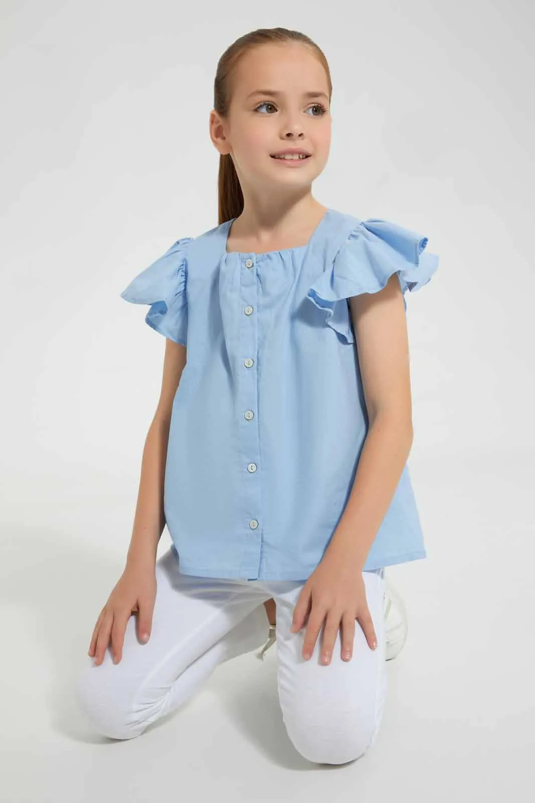 Blue Frilled Front Button Blouse