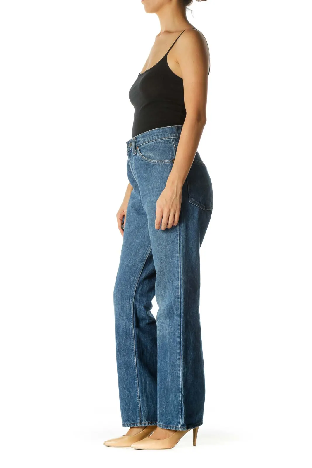 Blue Medium Wash 100% Cotton High-Rise Flared Denim Jeans