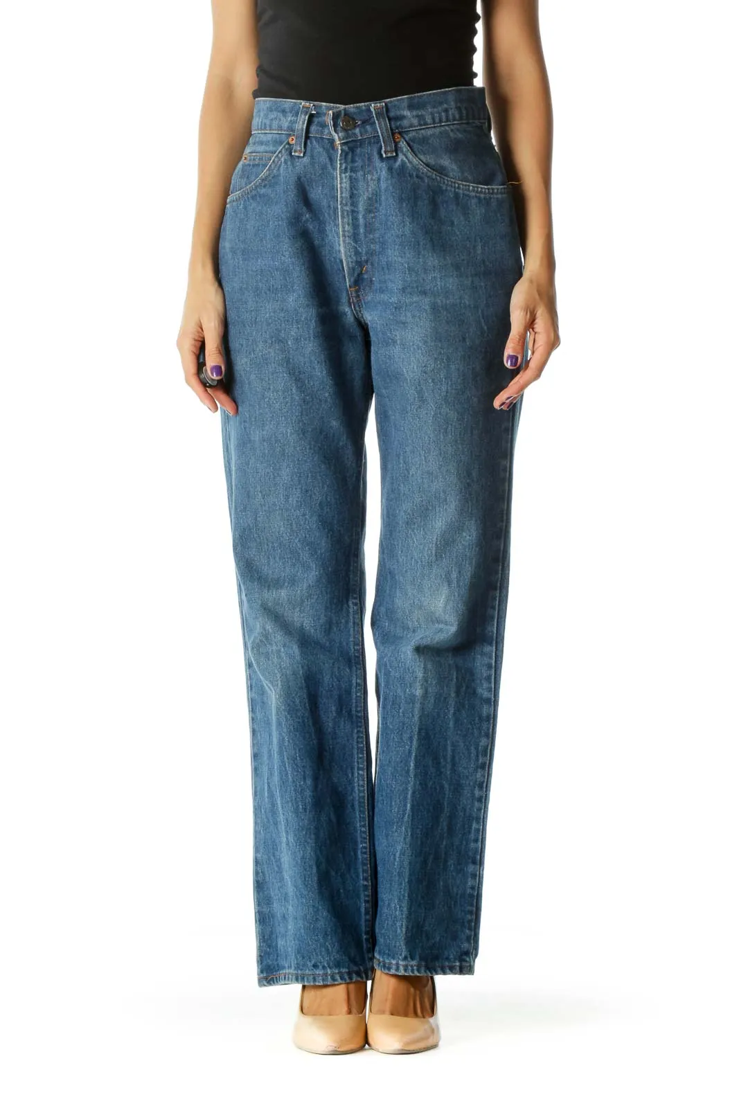 Blue Medium Wash 100% Cotton High-Rise Flared Denim Jeans