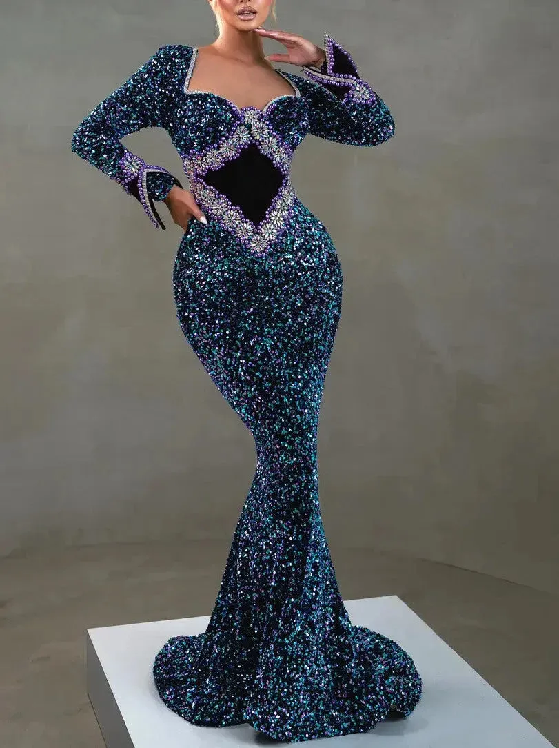 Blue Sequin and Bead Embellished Long Mermaid Gown