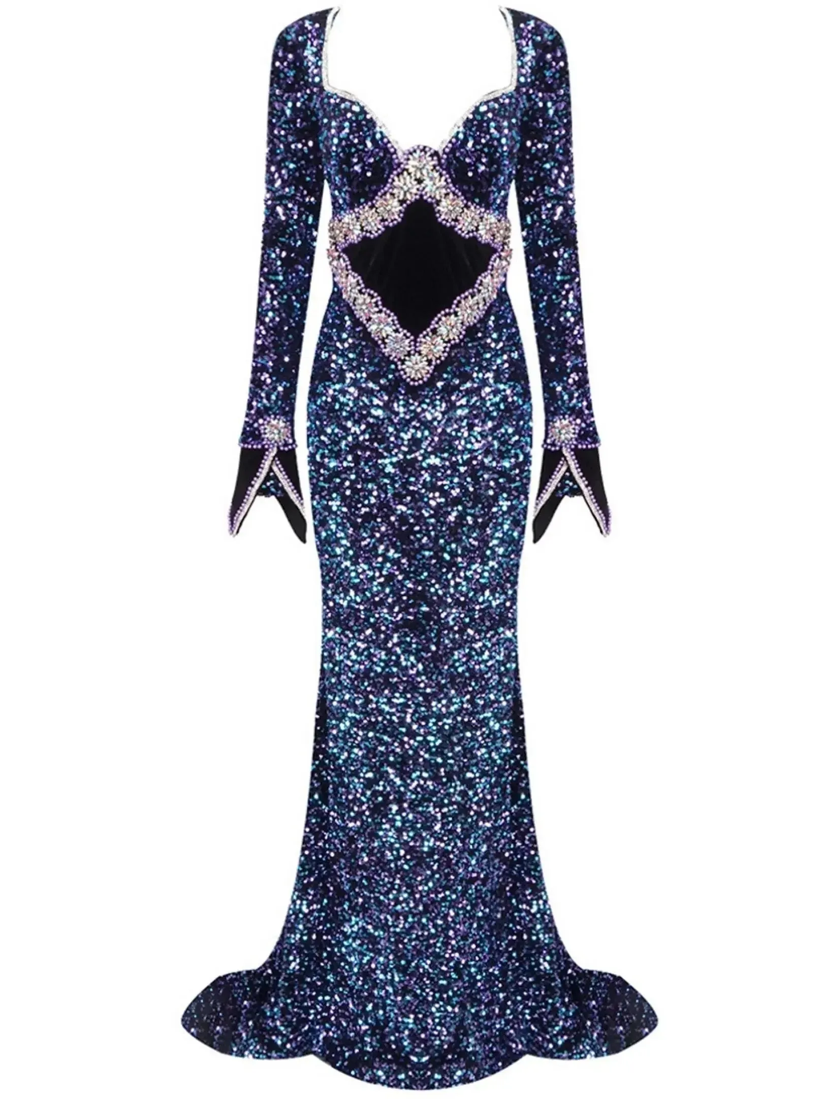 Blue Sequin and Bead Embellished Long Mermaid Gown