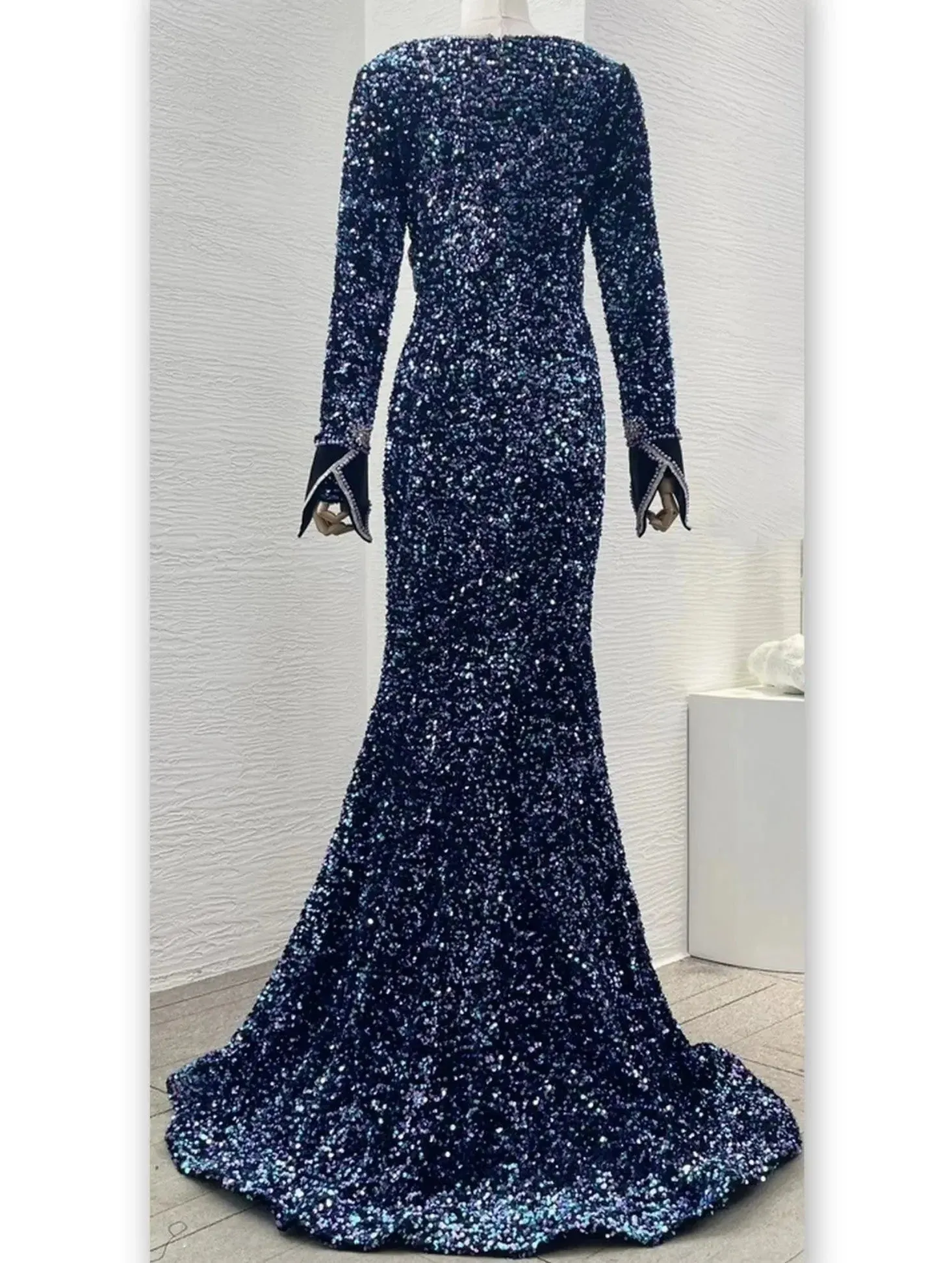 Blue Sequin and Bead Embellished Long Mermaid Gown