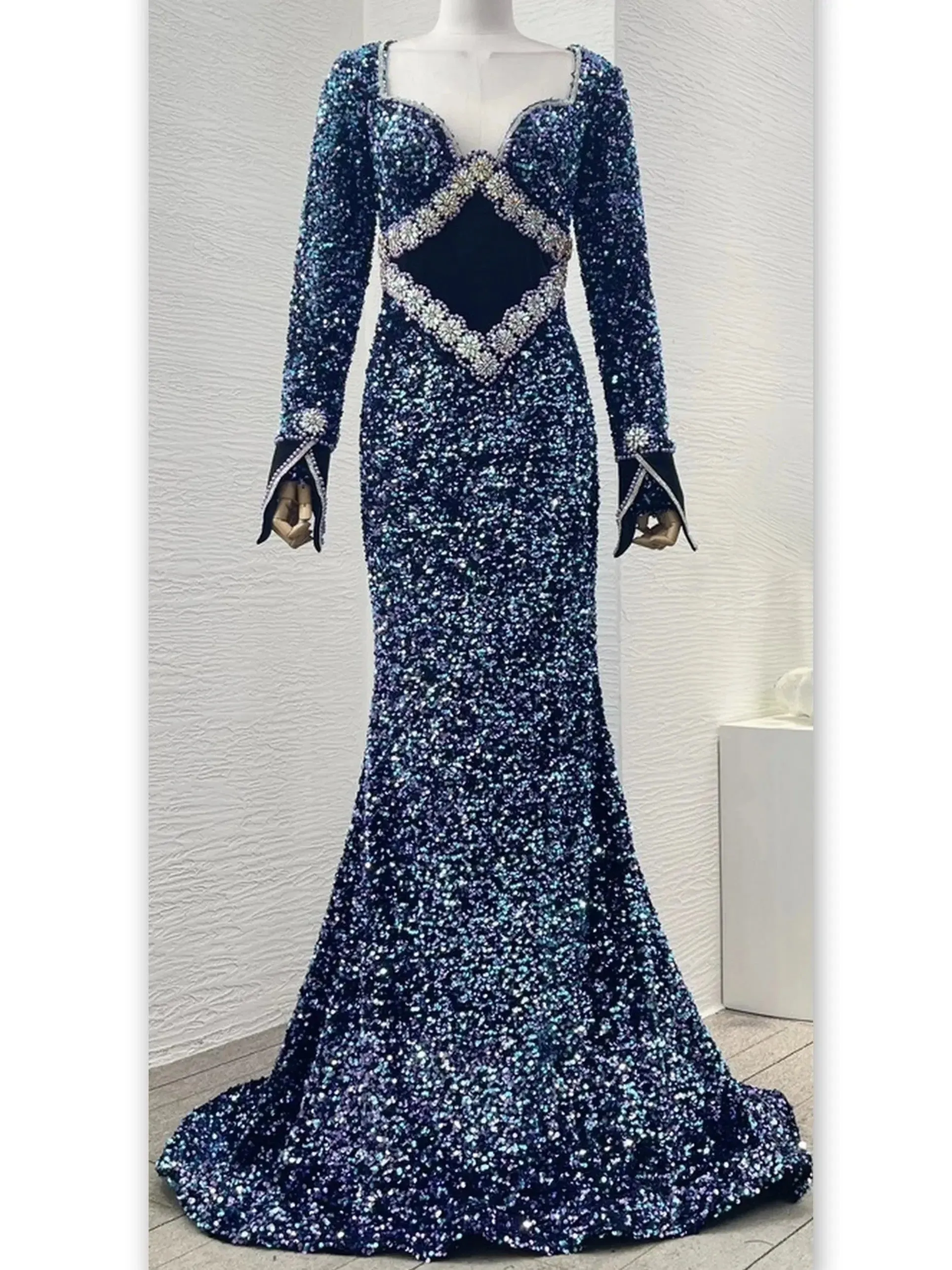 Blue Sequin and Bead Embellished Long Mermaid Gown