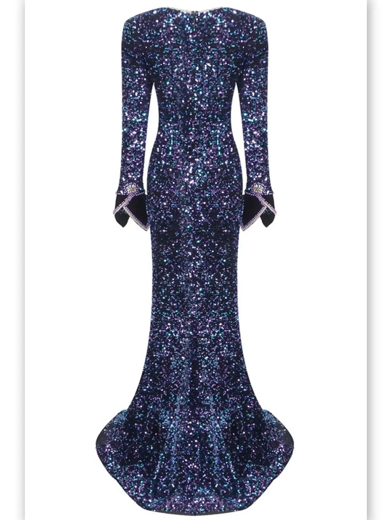 Blue Sequin and Bead Embellished Long Mermaid Gown