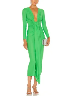 Bright Green Draped Low-Cut Fitted Midi Dress