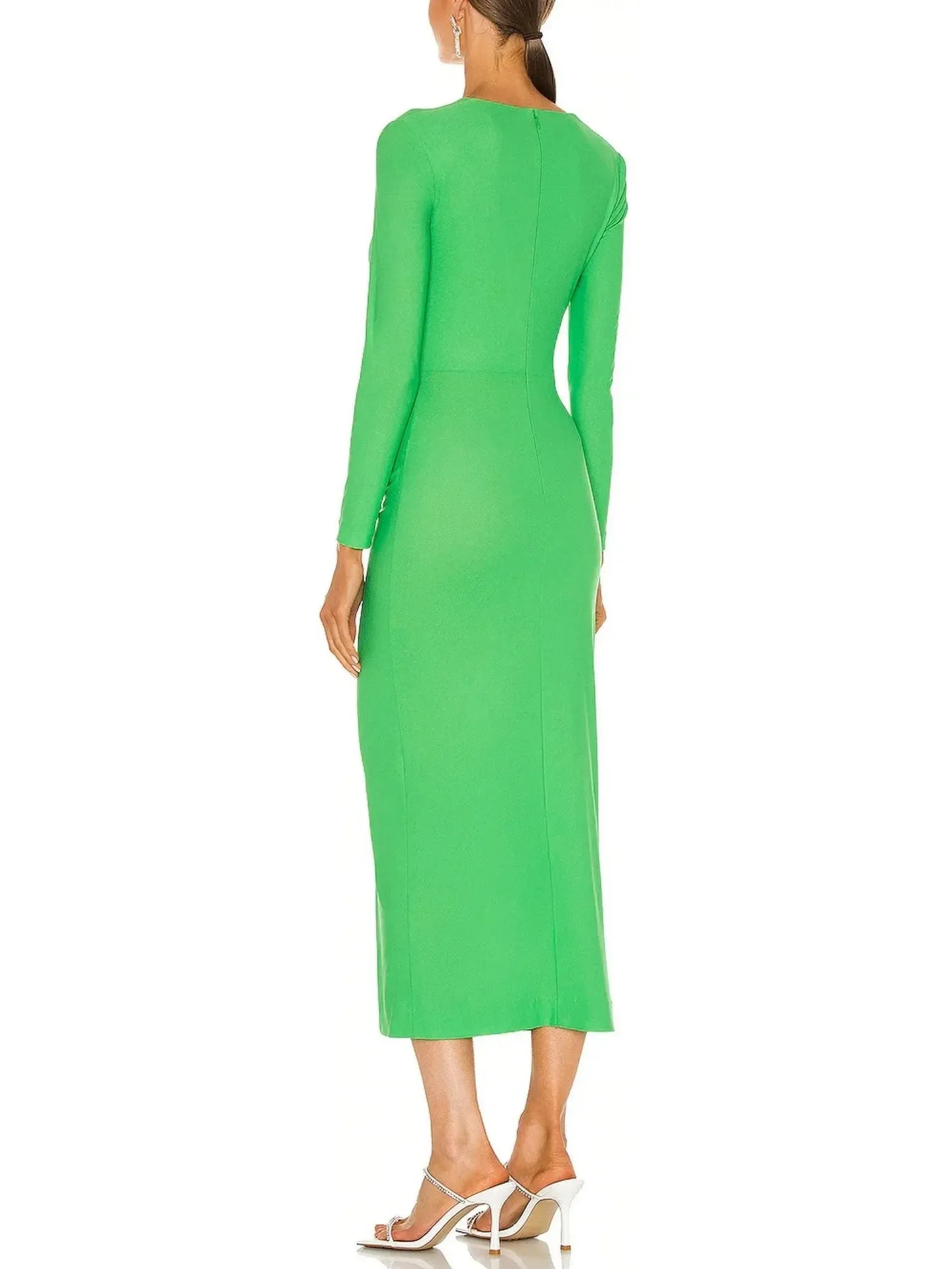 Bright Green Draped Low-Cut Fitted Midi Dress