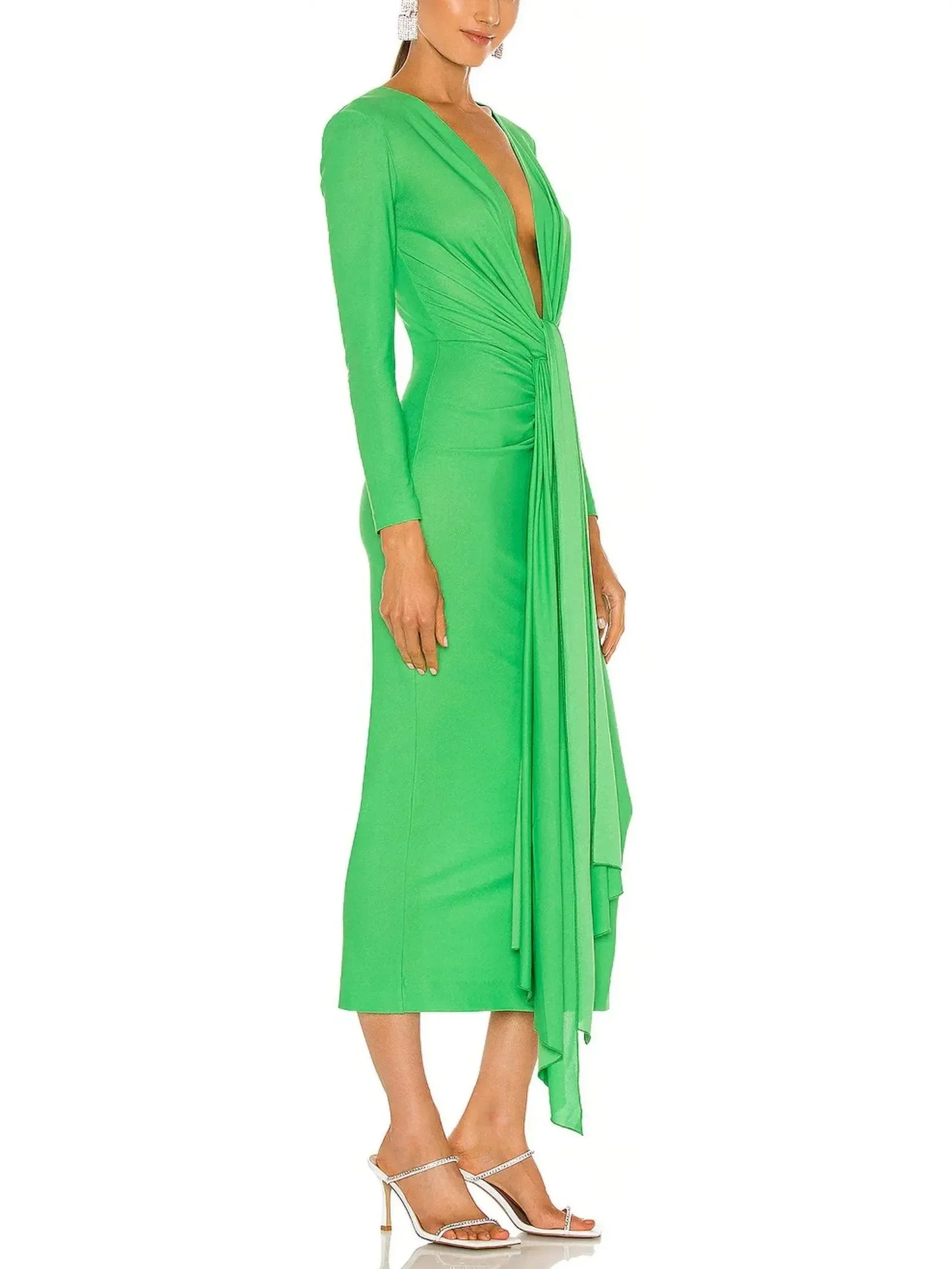 Bright Green Draped Low-Cut Fitted Midi Dress