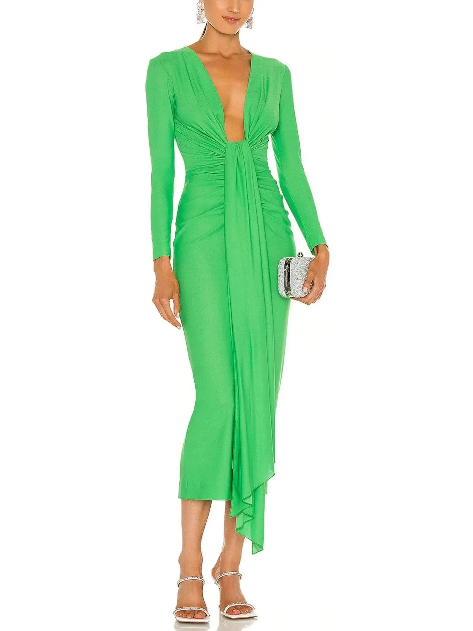 Bright Green Draped Low-Cut Fitted Midi Dress