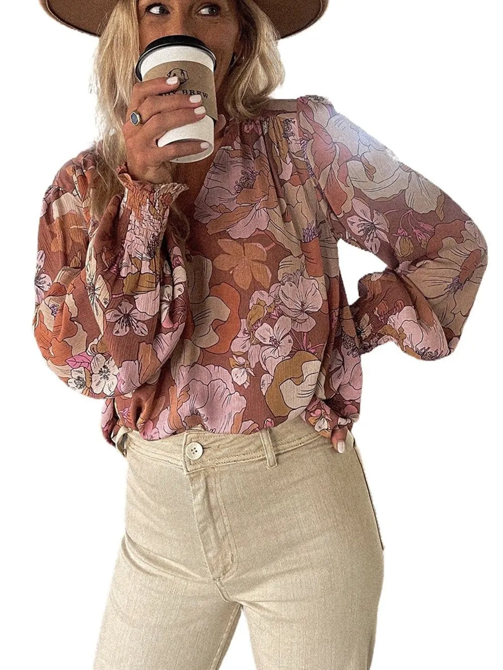 Brown Floral Frilled V Neck Bubble Sleeve Blouse for Women