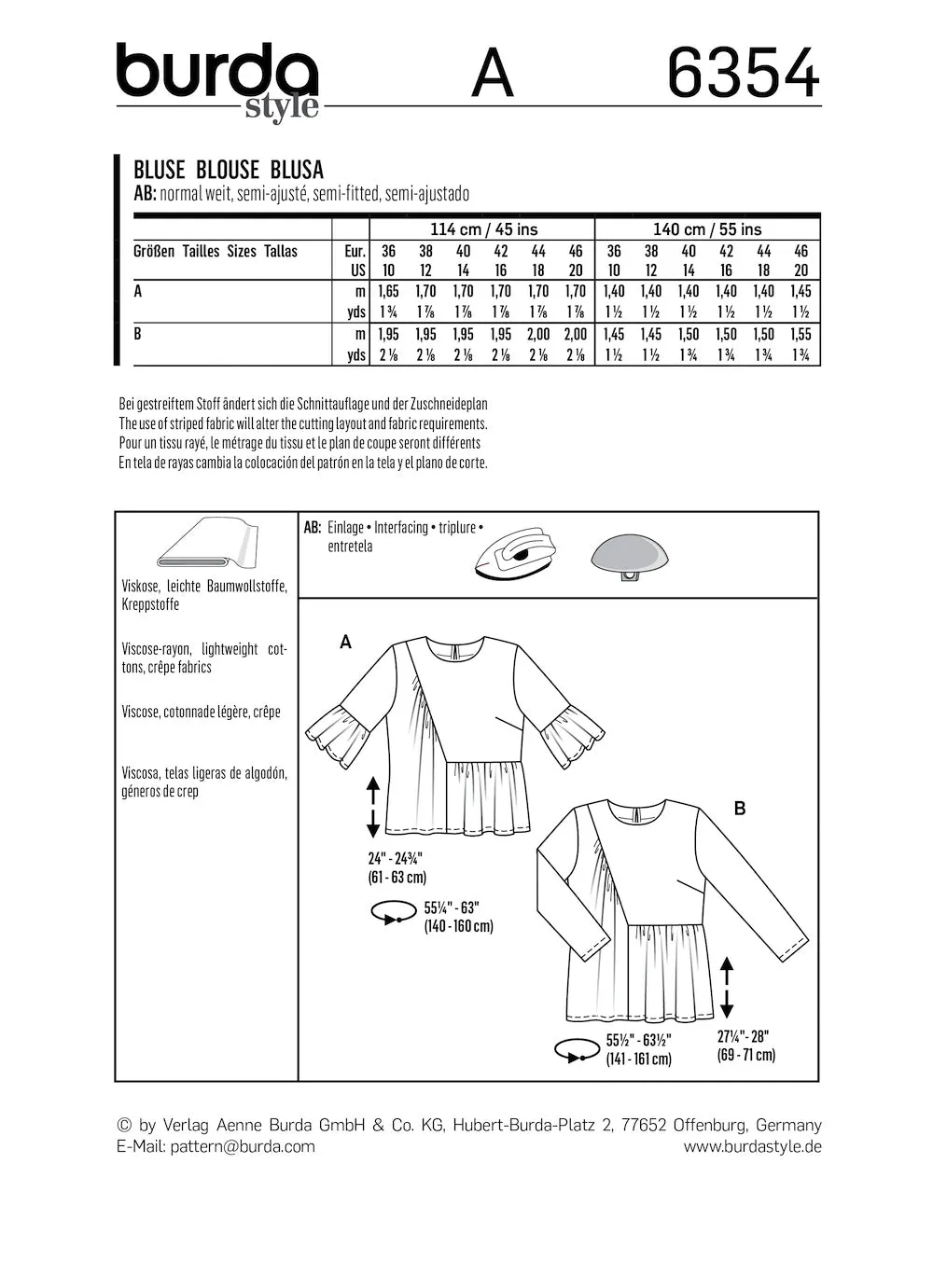 Burda Pattern B6354 Misses' Blouses (10-20)