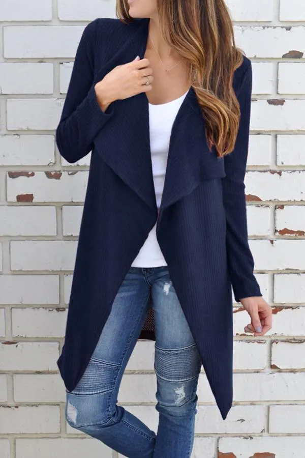 Casual  Fold Over Collar  Plain Cardigans