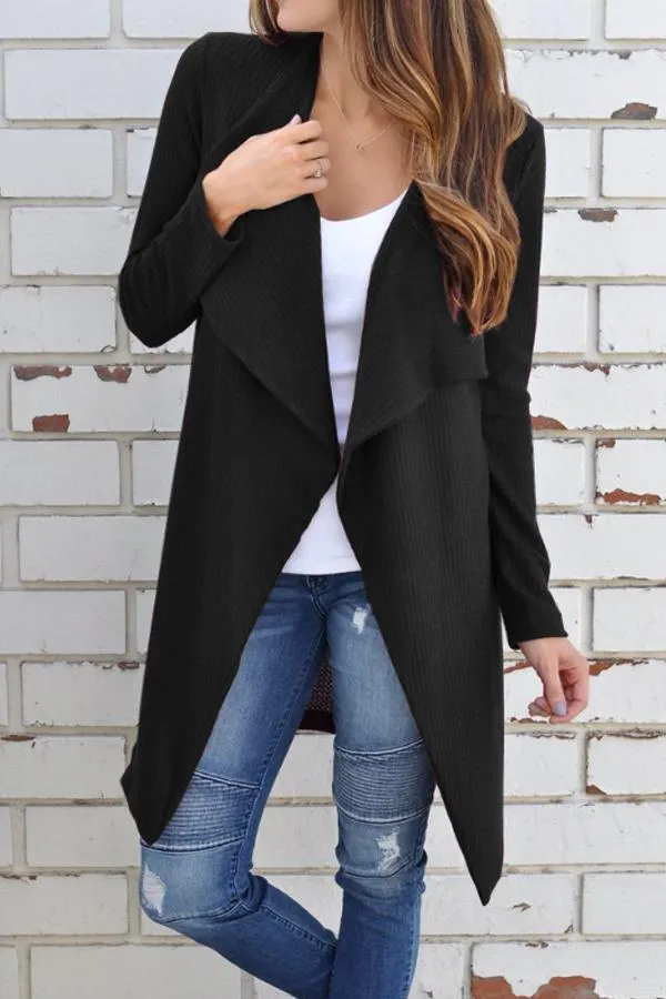 Casual  Fold Over Collar  Plain Cardigans