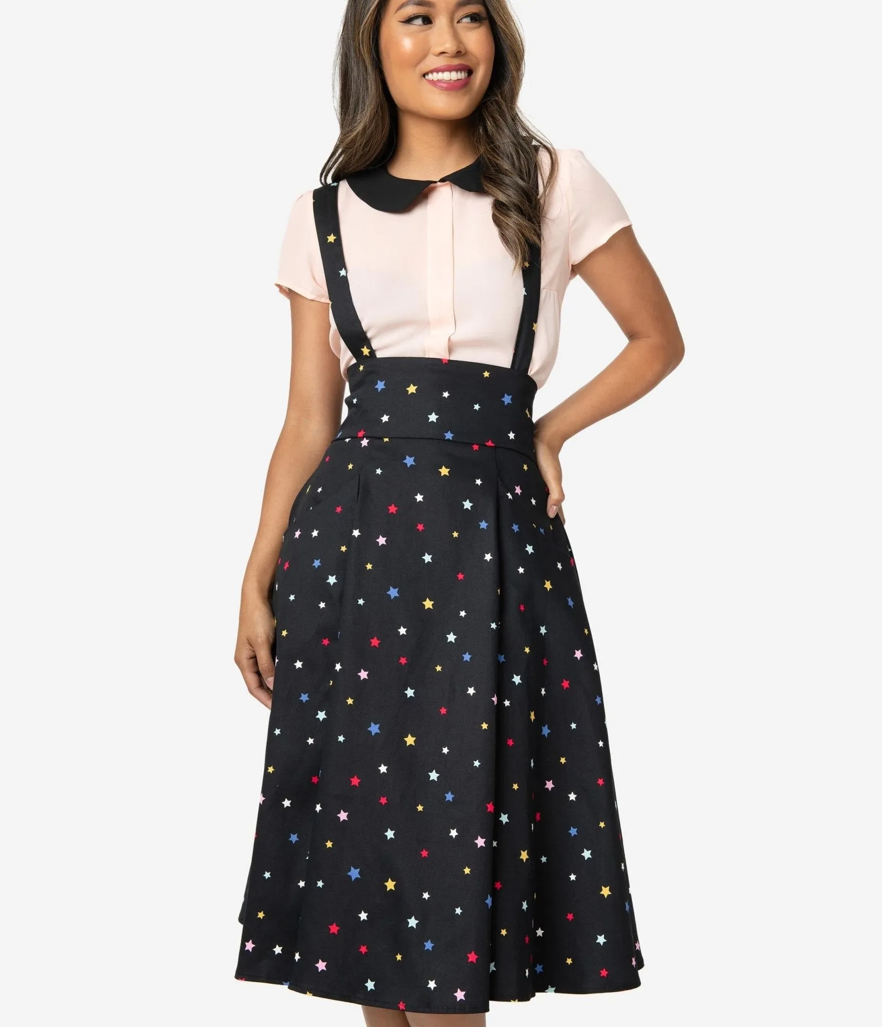 Collectif 1950s Black & Multicolor Stars Alexa Suspender Swing Skirt