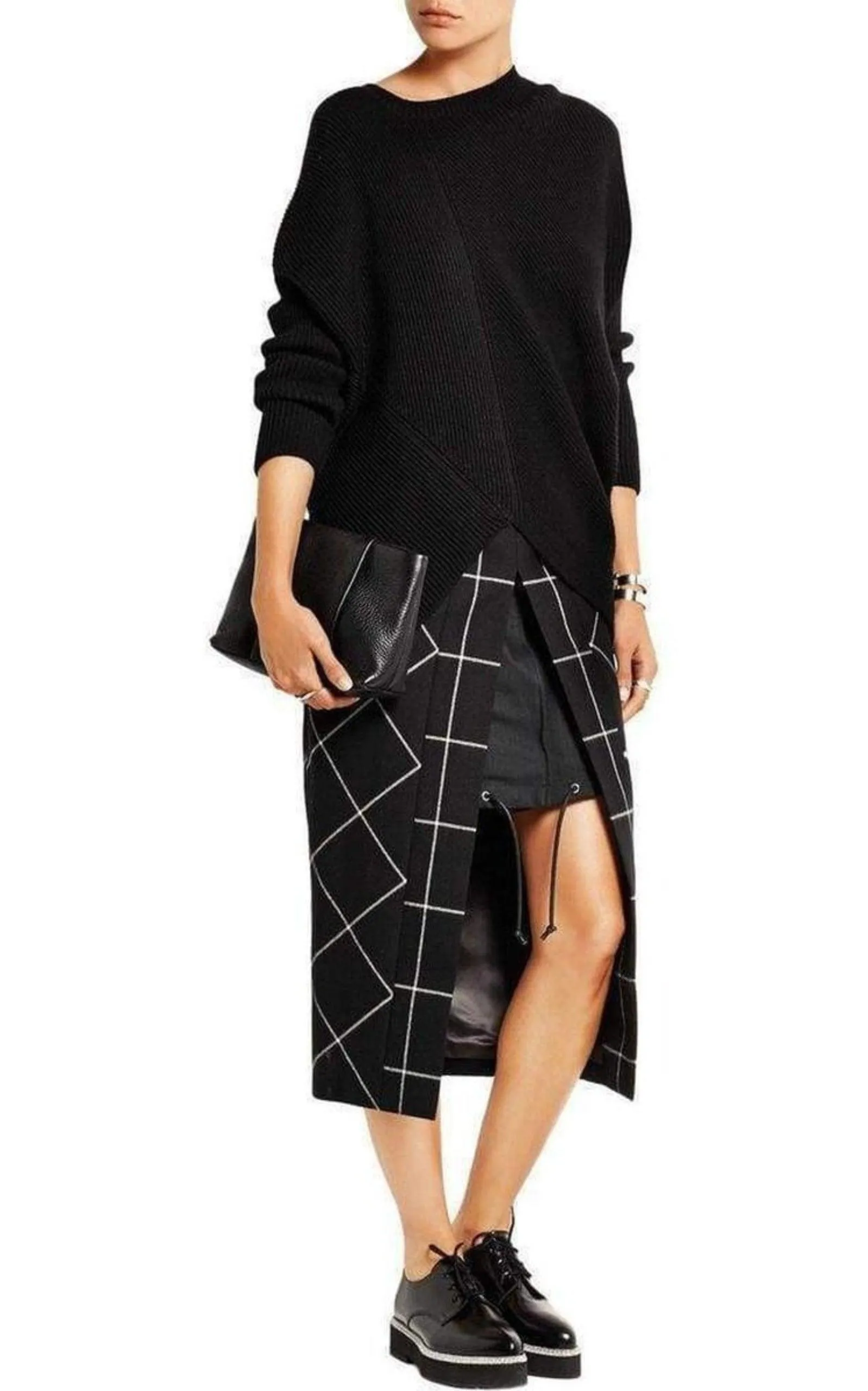 Cotton Twill-Paneled Checked Wool Skirt