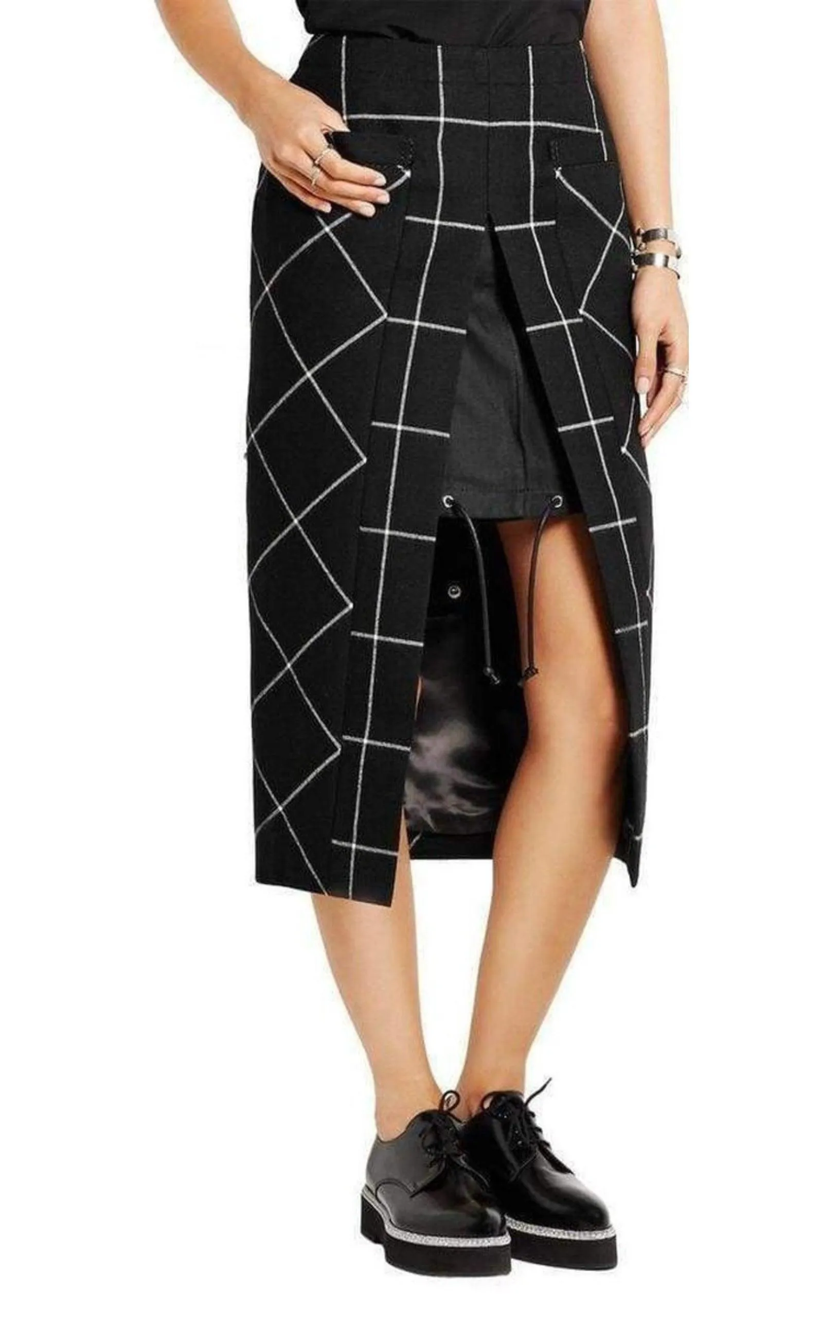 Cotton Twill-Paneled Checked Wool Skirt