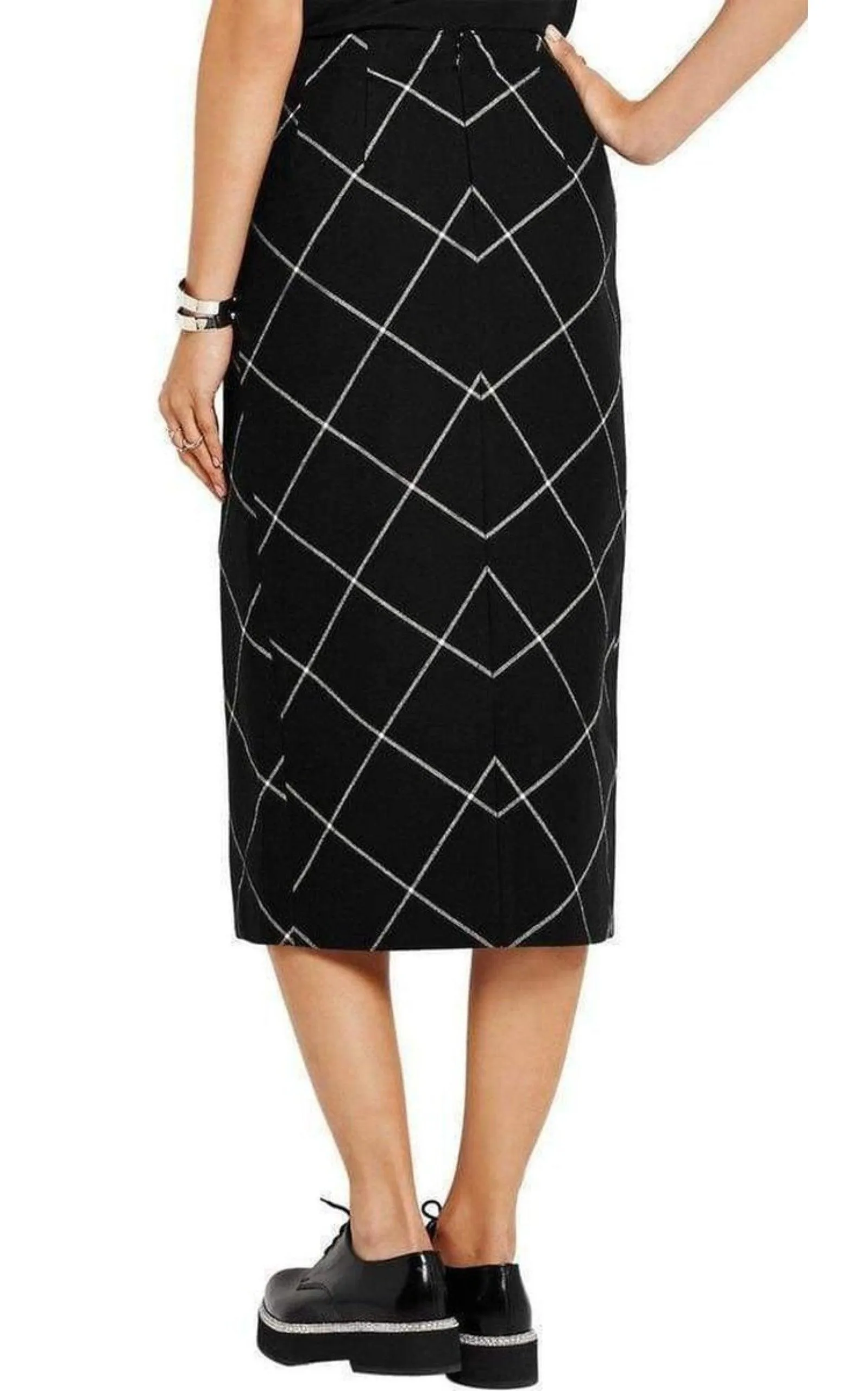 Cotton Twill-Paneled Checked Wool Skirt