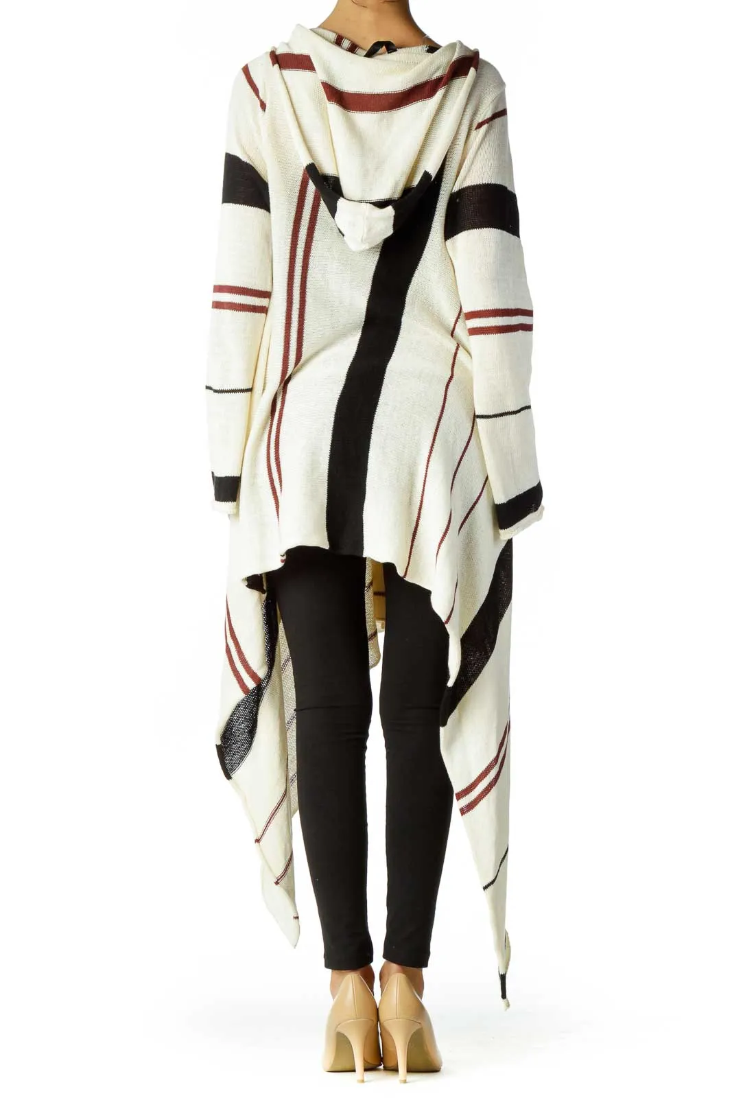 Cream Red Black Striped Knit Cardigan