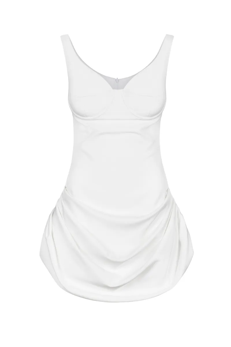 CREMA WHITE DRAPED MINI DRESS