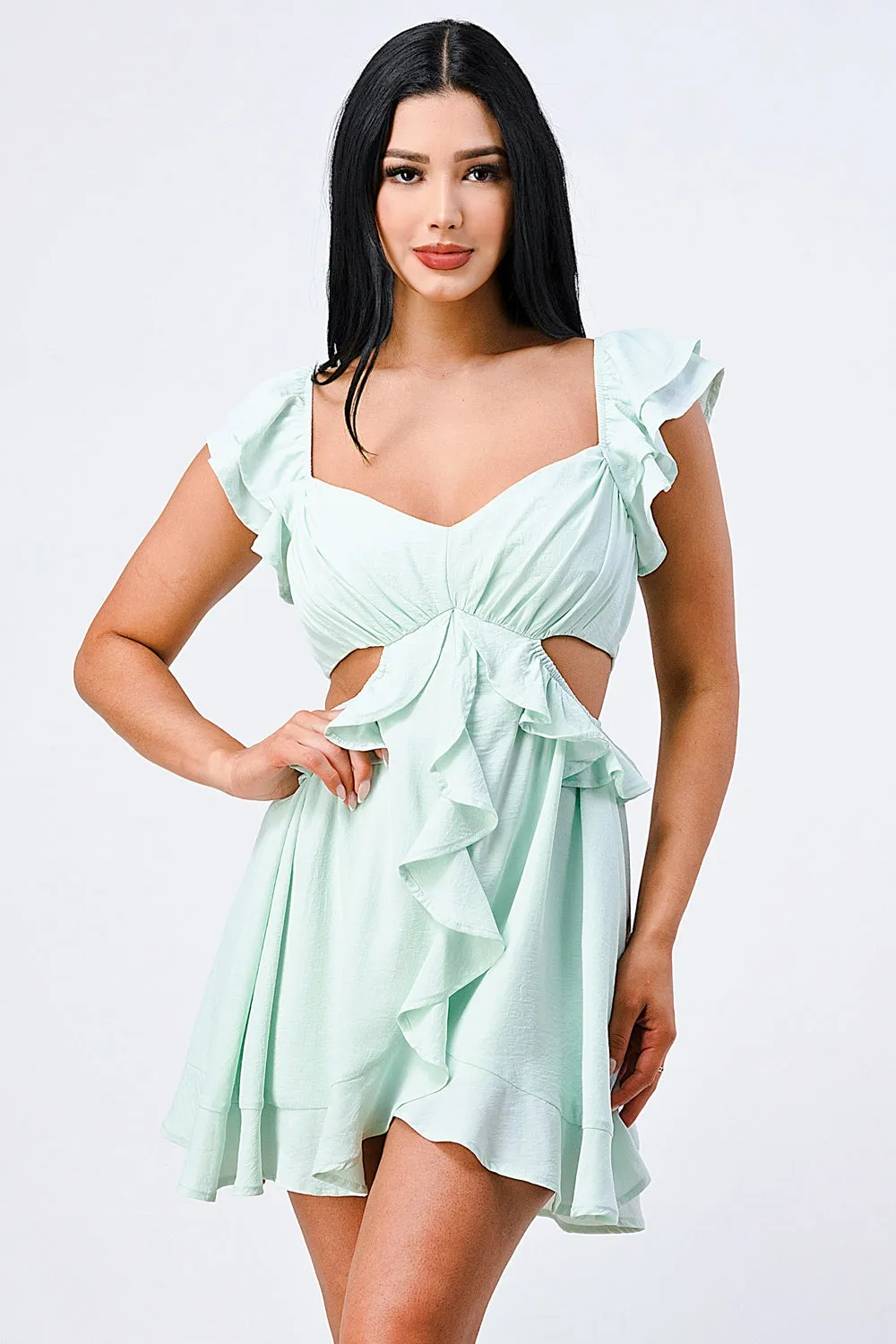 CUTE RUFFLED SIDE CUTOUTS DRAPED DRESS