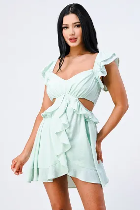 CUTE RUFFLED SIDE CUTOUTS DRAPED DRESS