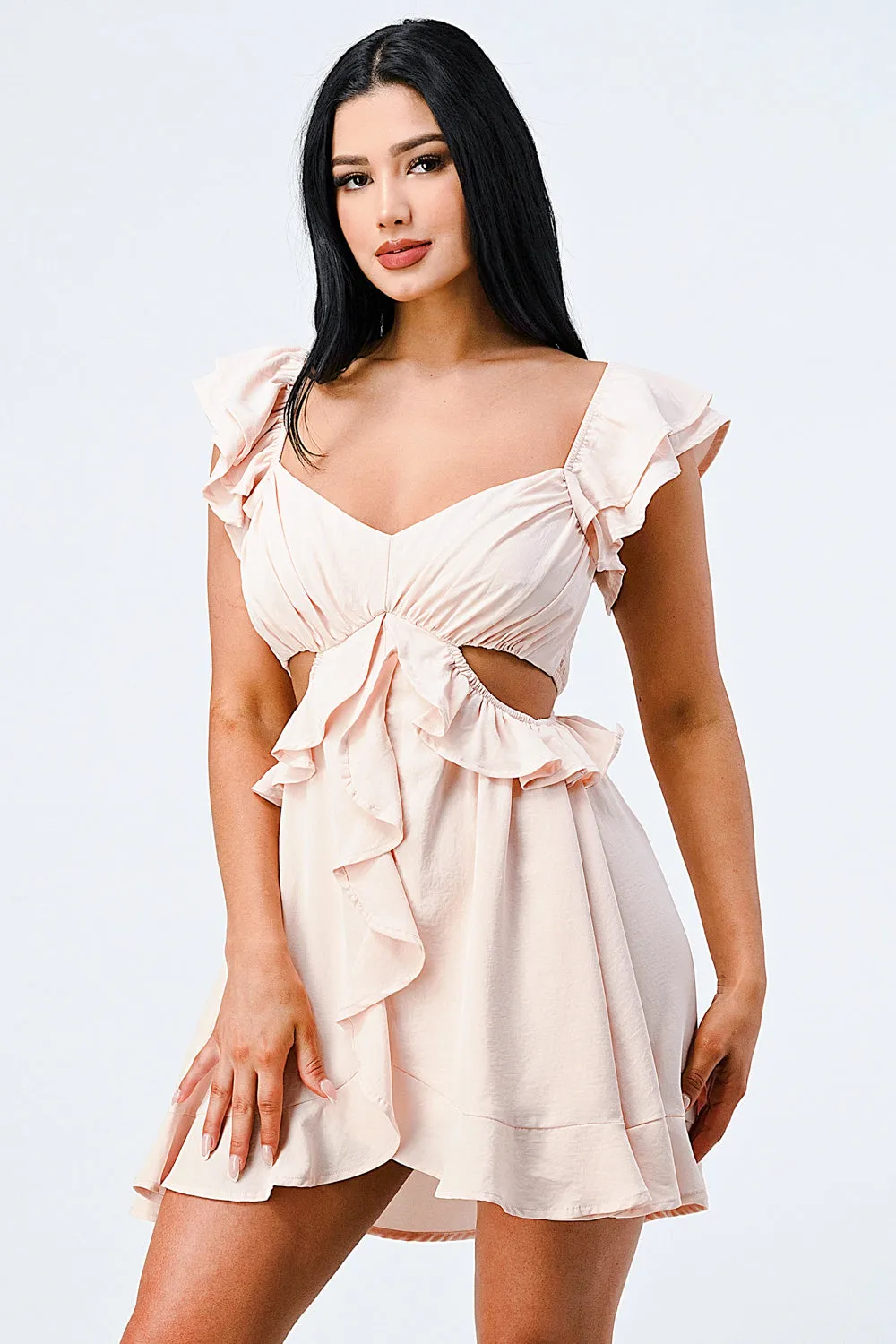 CUTE RUFFLED SIDE CUTOUTS DRAPED DRESS