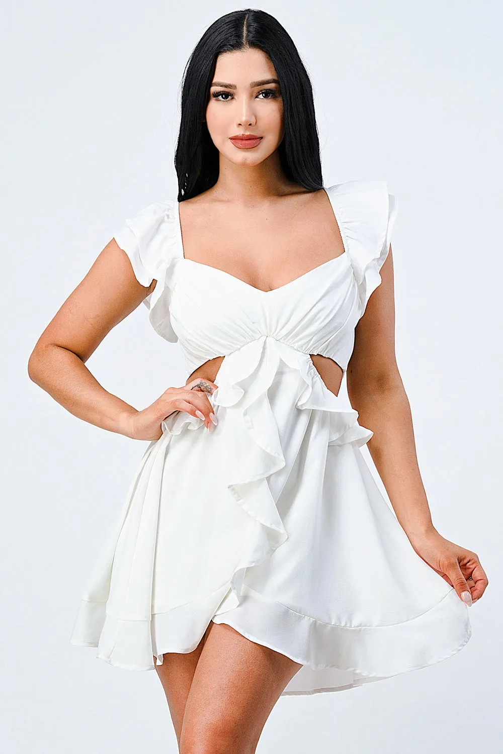 CUTE RUFFLED SIDE CUTOUTS DRAPED DRESS