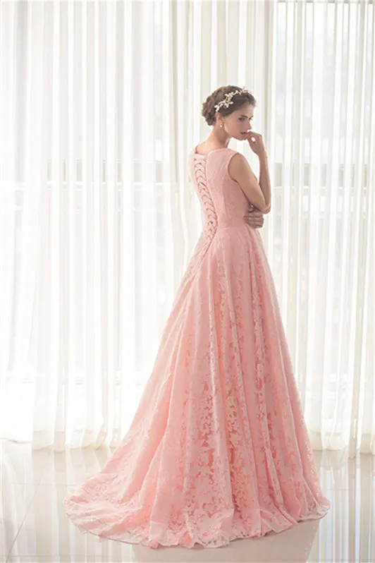 Draped Lace O-Neck Train Prom Dresses