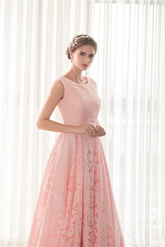 Draped Lace O-Neck Train Prom Dresses